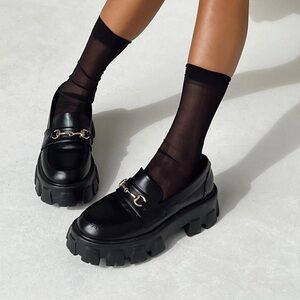 Princess Polly Penny Land Chunky Black Loafers with Gold Accent